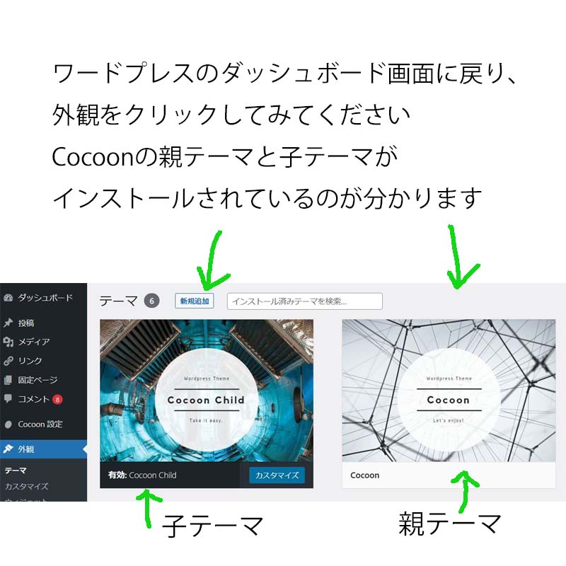 ワードプレスのダッシュボード画面に戻り、
外観をクリックしてみてください
Cocoonの親テーマと子テーマが
インストールされているのが分かります
