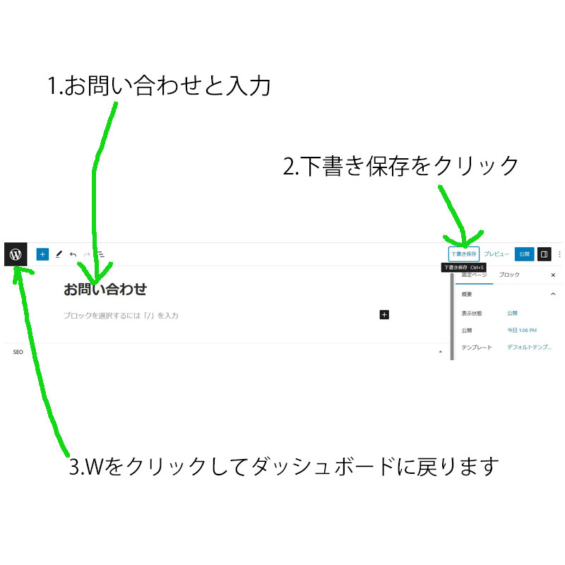 1.お問い合わせと入力
2.下書き保存をクリック
3.Wをクリックしてダッシュボードに戻ります