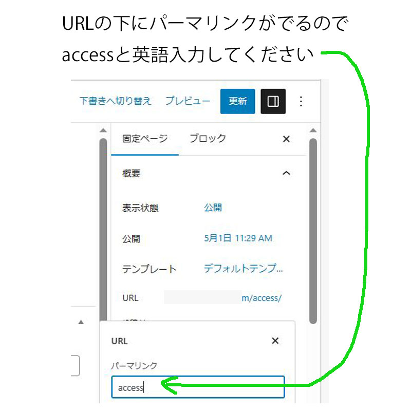 URLの下にパーマリンクがでるのでaccessと英語入力してください